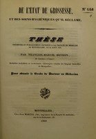 view De l'état de grossesse et des soins hygiéniques qu'il réclame : thèse présentée et publiquement soutenue à la Faculté de médecine de Montpellier, le 29 août 1840 / par François-Marcel Boyron.