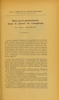 view Note sur la gastrostomie dans le cancer de l'oesophage / par Henri Hartmann.