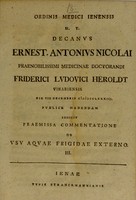 view Ordinis medici Ienensis h.t. decanus Ernest. Antonius Nicolai praenobilissimi medicinae doctorandi Friderici Ludovici Heroldt ... publice habendam indicit praemissa commentatione de usu aquae frigidae externo. III.