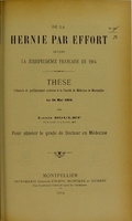 view De la hernie par effort devant la jurisprudence française en 1904 : thèse présentée et publiquement soutenue à la Faculté de médecine de Montpellier le 24 mai 1904 / par Louis Boulet.