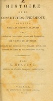 view Histoire de la constitution épidémique observée chez les soldats français dans l'Hôpital militaire (Académie Joséphine) de Vienne en Autriche pendant les mois de juin, juillet, août, septembre, octobre et novembre de l'an 1809 / par L. Beaulac.