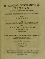 view D. Salomo Constantinus Titius ... ordinis medicorum Wittebergensis h.t. decanus dissertationem inauguralem pro licentiati medicinae honoribus consequendis a Carolo Davide Amando Kiregel ... habendam indicit : experimentorum Ticinensium, in quibus diabeticorum urina sub examen vocatur, enarratio cum epicrisi. Prolusio III.