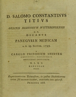 view D. Salomo Constantinus Titius ordinis medicorum Wittebergensis h.t. decanus panegyrin medicam a. d. 25 Septbr. 1795 a Carolo Friderico Seeburg ... habendam indicit : experimentorum Ticinensium, in quibus diabeticorum urina sub examen vocatur, enarratio cum epicrisi. Prolusio IIII.