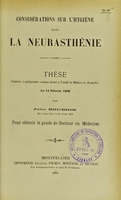 view Considérations sur l'hygiène dans la neurasthénie : thèse présentée et publiquement soutenue devant la Faculté de médecine de Montpellier le 14 février 1905 / par Jules Roubion.