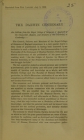 view The Darwin centenary : an address from the Royal College of Surgeons of England to the Chancellor, Masters, and Scholars of the University of Cambridge.