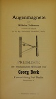 view Augenmagnete nach Wilhelm Volkmann, Assistent für Physik an der Kgl. landwirtsch. Hochschule, Berlin : Preisliste der mechanischen Werkstatt von Georg Beck.