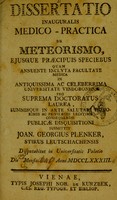 view Dissertatio inauguralis medico-practica de meteorismo, ejusque praecipuis speciebus ... / submittit Joan. Georgius Plenker.