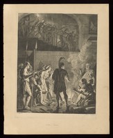 view Saint Peter denies knowledge of Christ; Roman soldiers lead Christ away; a cock crows. Engraving by C. Bouzonnet Stella after J. Stella.