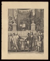 view Pontius Pilate, seated on the judgment seat, receives a message from his wife that he should have nothing to do with Christ. Engraving after J. Stella.