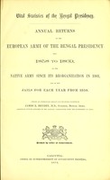 view Vital statistics of the Bengal Presidency : annual returns of the European army of the Bengal Presidency from 1858 to 1869, of the native army since its reorganization in 1861, and of the jails for each year from 1859 / by J.L. Bryden.