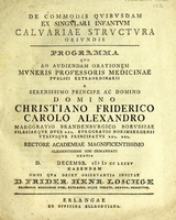 view De commodis quibusdam ex singulari infantum calvariae stuctura oriundis : Programma quo ad audiendam orationem muneris professoris medicinae publici extraordinarii ... D. Decembr. MDCCLXXXV habendam omni qua decet observantia invitat D. Frider. Henr. Loschge.