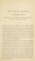 view The age of biology : an inaugural address delivered at the opening of the Andersonian Medical School, session 1879-80 / by the President of the Faculty of Physicians and Surgeons of Glasgow.