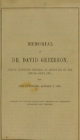 view Memorial of Dr. David Grierson, deputy Inspector-General of Hospitals in the Indian Army, etc., who died at Poonah ... 1863.