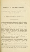 view Remarks by Medical Officer, to accompany mortality tables of the city of Glasgow, for the quarter ending 30th Sept., 1878.