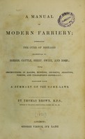 view A manual of modern farriery : embracing the cure of diseases incidental to horses, cattle, sheep, swine, and dogs : with instructions in racing, hunting, coursing, shooting, fishing, and field-sports generally : together with a summary of the game-laws / by Thomas Brown, M.P.S.