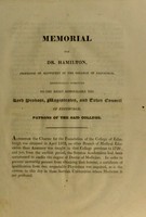 view Memorial for Dr. Hamilton, Professor of Midwifery in the College of Edinburgh, respectfully submitted to the Right Honourable the Lord Provost, Magistrates and Town Council of Edinburgh, patrons of the said college.