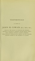 view Testimonials in favour of John M. Cowan.