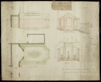 view Plan, elevations and section of a proposed fernery with small fish pond and fountain, in Men’s Court, by William Williamson
