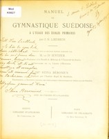 view Manuel de gymnastique suédoise à l'usage des écoles primaires / par C.H. Liedbeck ; traduit sur la seconde édition suédoise par M. le dr. Jentzer et Stina Béronius.