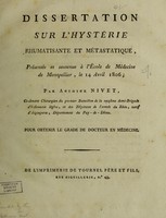 view Dissertation sur l'hystérie rhumatisante et métastatique ... / par Antoine Nivet.