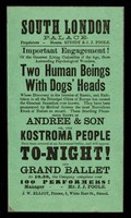 view [Undated handbill (1874) for an exhibition of Andree & Son, or the Kostroma people : "Two human beings with dogs' heads" at the South London Palace. Printed on green paper].