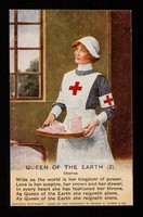 view [Postcard (Queen of the Earth 2) showing a thoughtful Red Cross nurse carrying a tray with pink crockery tea things on it in a ward].