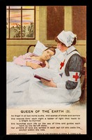 view [Postcard (Queen of the Earth 3) showing a Red Cross nurse sitting, reading to a young man lying in a bed].