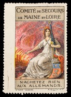 view [French charity stamp showing a woman gestuting towards a burning town, a French tricolore flag in her right urging people to buy nothing from the Germans: "N'achetez rien aux Allemands"].