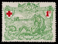 view [British charity stamp showing Britannia, supporting a wounded soldier amidst battlefield carnage, watching an approaching, horse-drawn Red Cross ambulance].