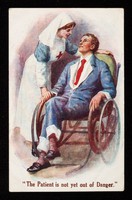 view [Red cross nurse tending to a recovering soldier (?) in a wheelchair].