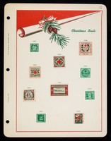 view [Collector's sheet for mounting American Red Cross fund-raising Christmas seals / stickers from 1907-1916. Includes 6 stuck into place].