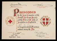 view [Certificate issued by the British Red Cross Society and the Order of St.  John "in recognition of valuable services rendered during the war."].