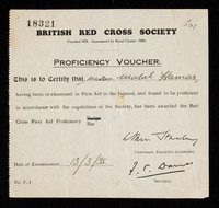 view [Proficiency voucher issued by the British Red Cross Society in March 1935 certifying proficiency in first aid].