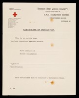 view [Paper certificate of inoculation against "enteric" (i.e., typhoid fever) for the British Red Cross Society and the V.A.D. selection board].