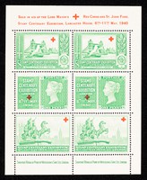 view [Multiple sheet of 6 perforated gummed stickers celebrating the stamp centenary exhibition and "sold in aid of the Lord Mayor's Red Cross and St. John Fund." Printed in green].