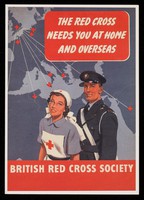 view [British Red Cross Society greetings card of a World War 2 recruiting poster asking for volunteers].