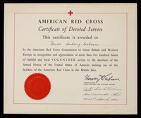 view [Certificate issued by the American Red Cross in 1945 in recognition of more than 500 hours of volunteer service. ].