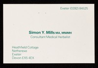 view [Business card for Simon Y. Millsl, "consulting medical herbalist" in Netherexe, Exeter].