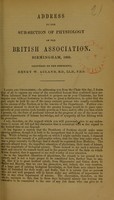 view Address to the Sub-section of physiology, British Association, Birmingham, 1865 / delivered by the president, Henry W. Acland.