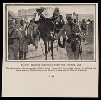 view Spanish soldiers returning from the fighting line : the above picture shows wounded Spanish soldiers being conveyed to the hospital during the fighting now taking place at Melilla between the Spanish troops and the Moorish tribesmen.
