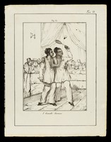 view [Undated engraving of "I Gemelli Siamesi" (probably Chang and Eng Bunker), siamese twins, joined at the breast bone, playing badminton before a very serious looking audience. It is numbered Fig. 44 and Tav[ola] 13. Possibly 1840-1860].