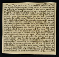 view [Newspaper clipping (The Standard, 1 June 1871) about Millie Christine, the Two-Headed Nightingale, Anna Swan, the Nova Scotian giantess and Captain George Martin van Buren Bates, the great Kentucky giant, appearing at Willis's Rooms, King Street, St. James's, London].