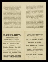 view [Leaflet detailing the "Life and history of the great Irish Giant, Patrick O'Brien, his mammoth bride, Christianna, the great German Giantess and their infant son" at Barnard's Amphitheatre, Portsmouth, 31 January 1887].