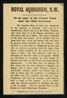 view [Leaflet advertising the exhibition of The Petrified Man from Tucapel, Chile, in the Trance Room of the Royal Aquarium, London].