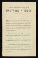 view [Leaflet about The Brothers Tocci, conjoined twins, born in Locana, Italy in 1877].