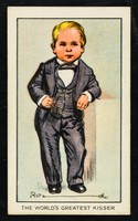 view [1934 cigarette card (no.25 in a series of 50 : Believe it or not) featuring Tom Thumb, who had kissed 1,500,00 women in 3 years. From Carreras high class cigarettes (Arcadia Works, London)].