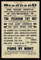 view [Leaflet advertising appearances by Johnny Trundley, the Peckham Fat Boy at the Royal Standard music hall (opposite Victoria Station, London) with a bill of other acts].