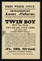 view [Leaflet advertising appearances by "A twin boy with one body, two heads, four arms and four legs" at 139 The Strand, London].