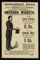 view [Leaflet advertising appearances by Frank Uffner's American Midgets: Lucia Zarate and General Mite at the Piccadilly Hall, London. Printed on white paper].