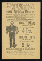 view [Leaflet advertising appearances by Frank Uffner's American Midgets: Lucia Zarate and General Mite at the Piccadilly Hall, London. Printed on white paper].